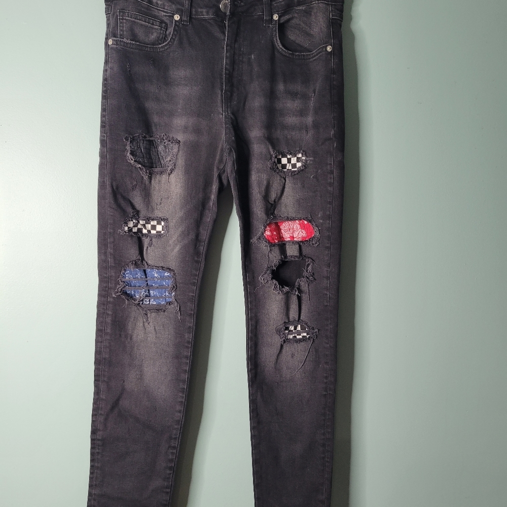 Lakenzie Streetwear Grunge Distressed Patch Black Jeans Size M